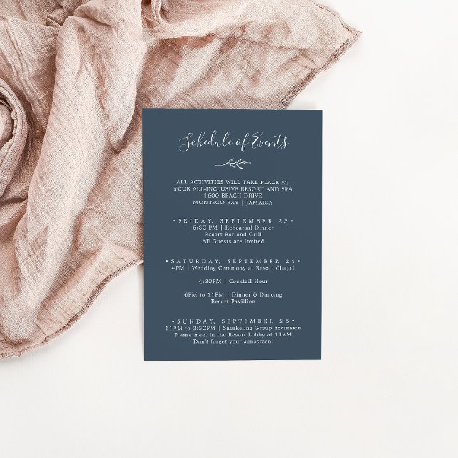 Minimal Leaf Slate Blue Weekend Schedule of Events Enclosure Card (Creator Uploaded)