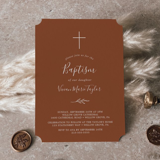 Minimal Leaf | Terracotta Baptism Invitation (Creator Uploaded)