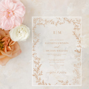 Minimal Leaf Terracotta Elegant Monogram Wedding Acrylic Invitations