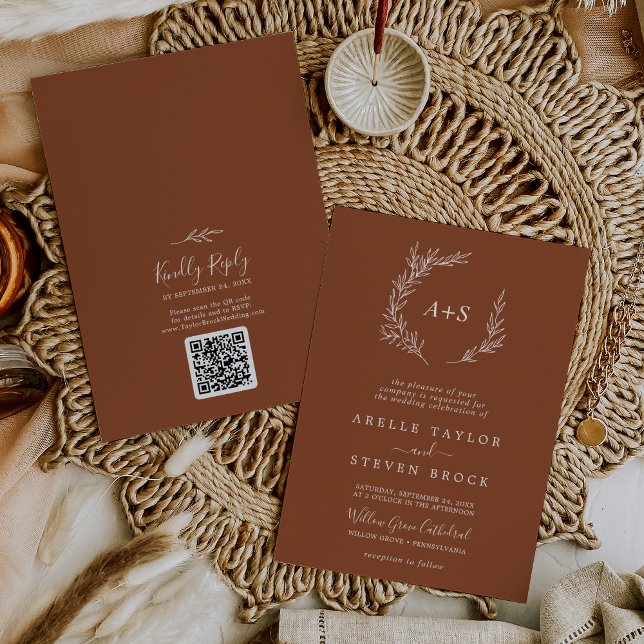 Minimal Leaf | Terracotta Monogram QR Code Wedding Invitation (Creator Uploaded)