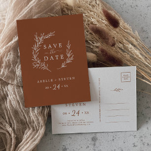 Minimal Leaf Terracotta Save the Date Invitation Postcard