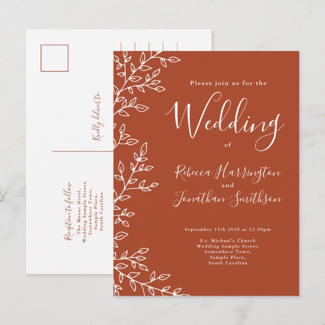Minimal Leaf Terracotta Wedding Invitation Postcard (Front/Back)
