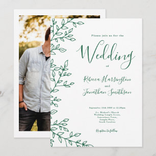 Minimal Leaf White Emerald Green Photo Wedding Invitation