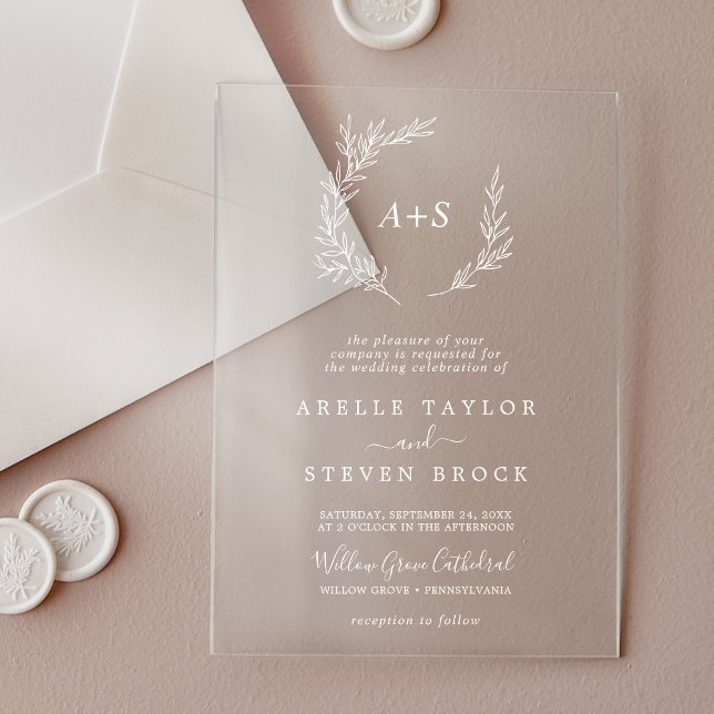 Minimal Leaf White Monogram Greenery Boho Wedding Acrylic Invitations (Minimal Leaf White Monogram Greenery Boho Wedding Acrylic Invitations)