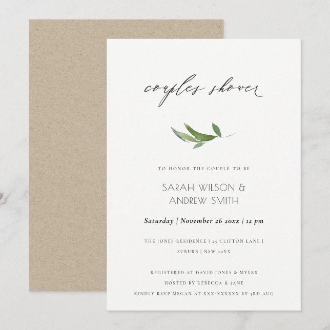 Minimal Leafy Foliage Watercolor Couples Shower Invitation (Front/Back)