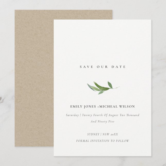 Minimal Leafy Foliage Watercolor Save Our Date Invitation (Front/Back)