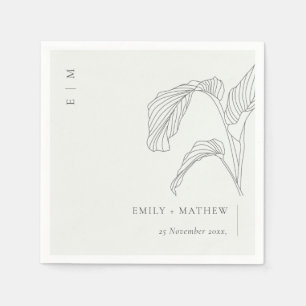 Minimal Leafy Palm Sketch Black White Wedding Napkin
