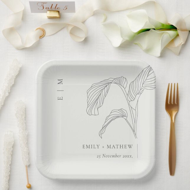 Minimal Leafy Palm Sketch Black White Wedding Paper Plate (Wedding)