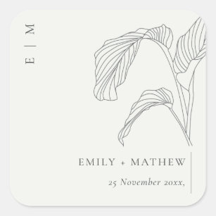 Minimal Leafy Palm Sketch Black White Wedding Square Sticker