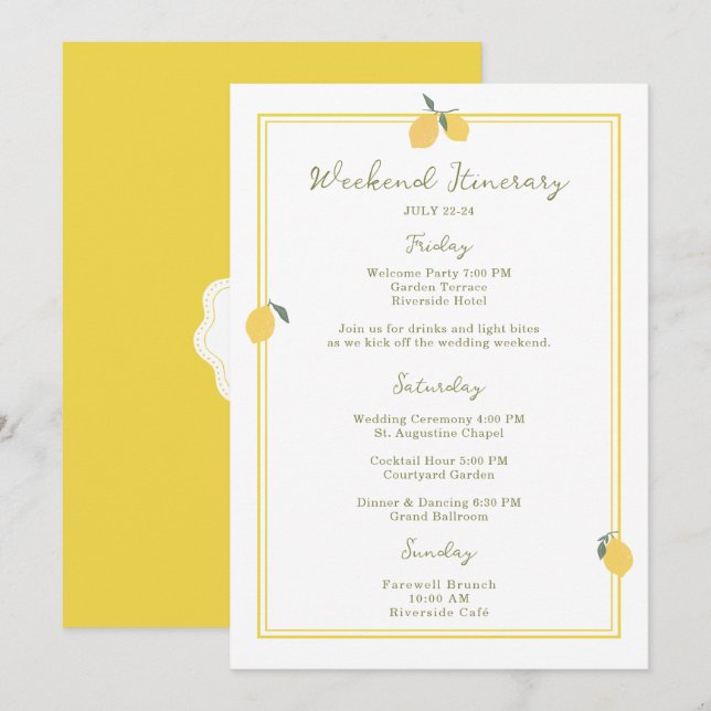 Minimal Lemon Amalfi Coast Wedding Itinerary Card (Front/Back)