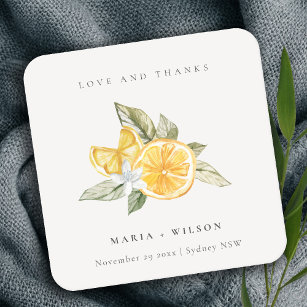 Minimal Lemon Botanical Boho Love Thanks Wedding Square Paper Coaster