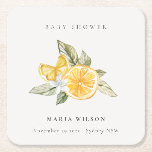 Minimal Lemon Botanical Leafy Boho Baby Shower Square Paper Coaster