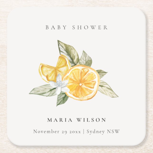Minimal Lemon Botanical Leafy Boho Baby Shower Square Paper Coaster (Front)