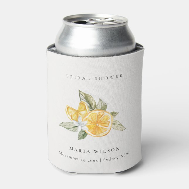 Minimal Lemon Botanical Leafy Boho Bridal Shower Can Cooler (Can Front)