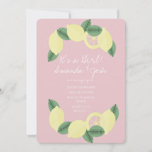 Minimal Lemon Citrus Wreath Girls Baby Shower Invitation