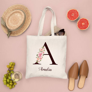 Minimal Letter A Blush Floral Personalised Gift Tote Bag
