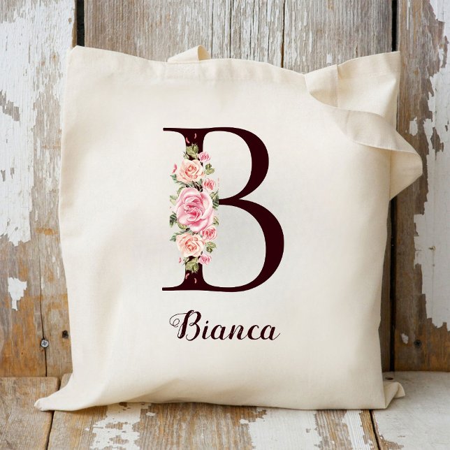 Minimal Letter B Blush Floral Personalised Gift Tote Bag (Creator Uploaded)