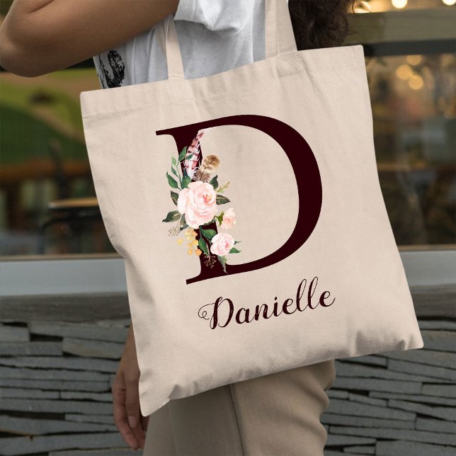Minimal Letter D Blush Floral Personalised Gift Tote Bag (Creator Uploaded)