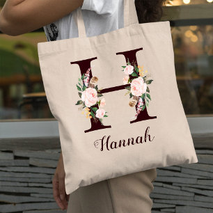 Minimal Letter H Blush Floral Personalised Gift Tote Bag