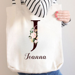 Minimal Letter J Blush Floral Personalised Gift Tote Bag