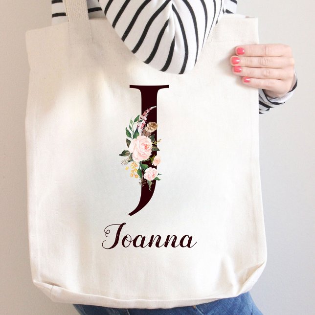 Minimal Letter J Blush Floral Personalised Gift Tote Bag (Creator Uploaded)