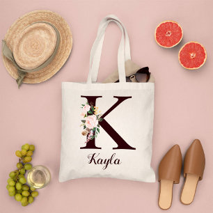 Minimal Letter K Blush Floral Personalised Gift Tote Bag