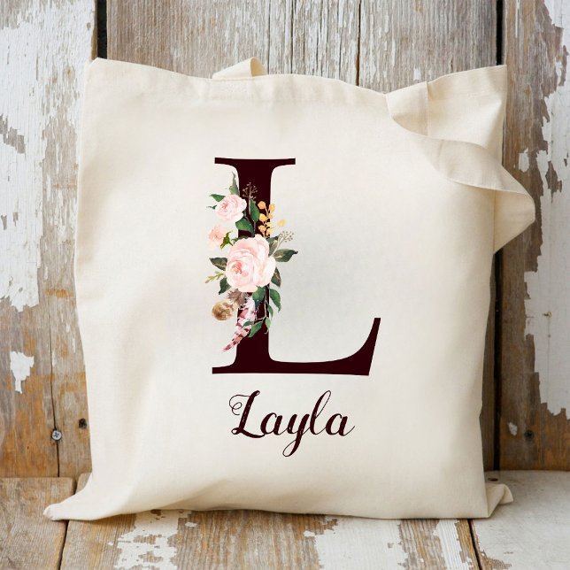 Minimal Letter L Blush Floral Personalised Gift Tote Bag (Creator Uploaded)