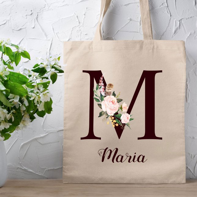 Minimal Letter M Blush Floral Personalised Gift Tote Bag (Creator Uploaded)