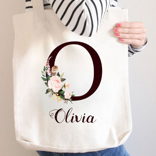 Minimal Letter O Blush Floral Personalised Gift Tote Bag