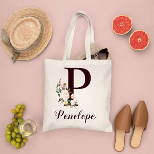 Minimal Letter P Blush Floral Personalised Gift Tote Bag