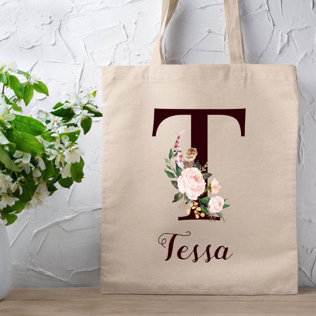 Minimal Letter T Blush Floral Personalised Gift Tote Bag (Creator Uploaded)