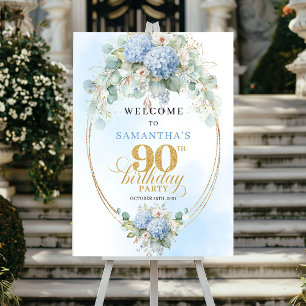 Minimal Light Blue Floral 90th Birthday Welcome Poster