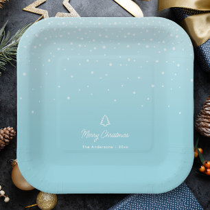 Minimal Light Pastel Blue Snowy Christmas Party Paper Plate