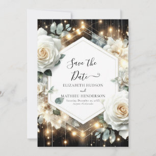 Minimal Lights White Roses Wedding Save The Date