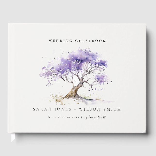 Minimal Lilac Watercolor Jacaranda Tree Wedding Guest Book (Front)