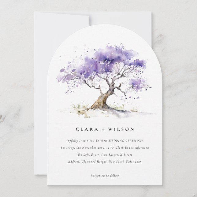 Minimal Lilac Watercolor Jacaranda Tree Wedding Invitation (Front)