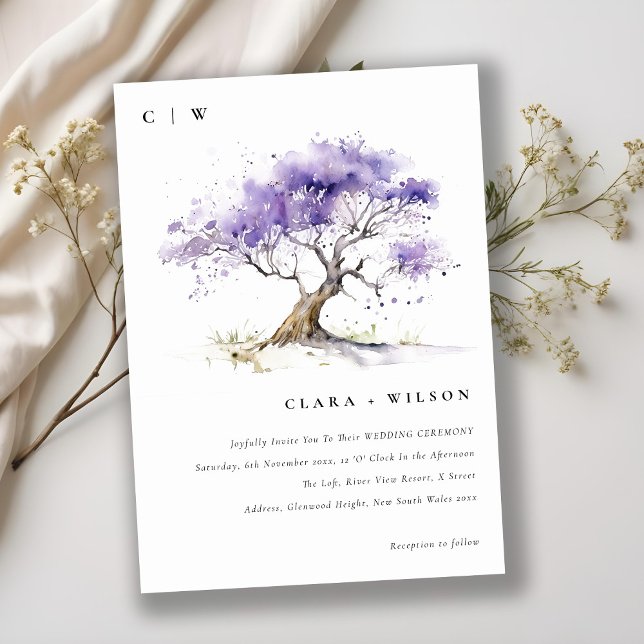 Minimal Lilac Watercolor Jacaranda Tree Wedding Invitation (Creator Uploaded)