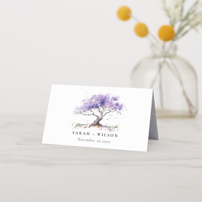 Minimal Lilac Watercolor Jacaranda Tree Wedding Place Card (Front)