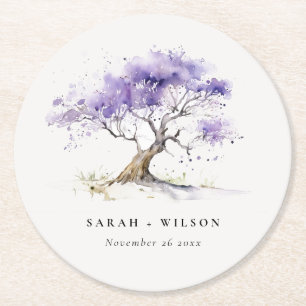 Minimal Lilac Watercolor Jacaranda Tree Wedding Round Paper Coaster