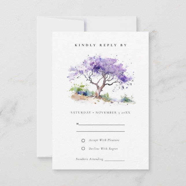 Minimal Lilac Watercolor Jacaranda Tree Wedding RSVP Card (Front)