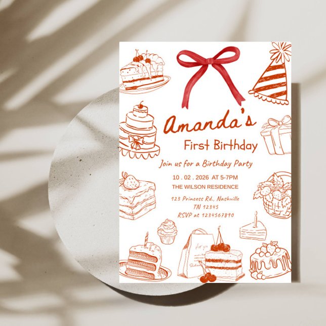 Minimal Line Art Birthday Cake Baby’s 1st Birthday Invitation (Creator Uploaded)