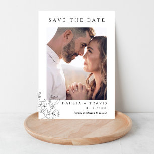 Minimal Line Art Floral Photo Save the Date Magnetic Invitation
