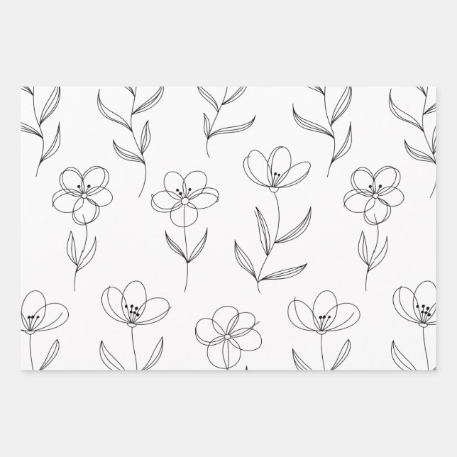 Minimal Line Art Floral Wrapping Paper Sheet (Front)