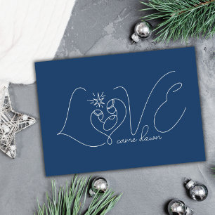 Minimal Line Art Holy Family Love Religious Blue Holiday Card
