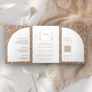 Minimal Line Art Leaf Arch Beige Wedding Tri-Fold Invitation