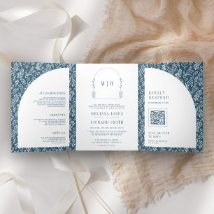 Minimal Line Art Leaf Arch Dusty Blue Wedding Tri-Fold Invitation