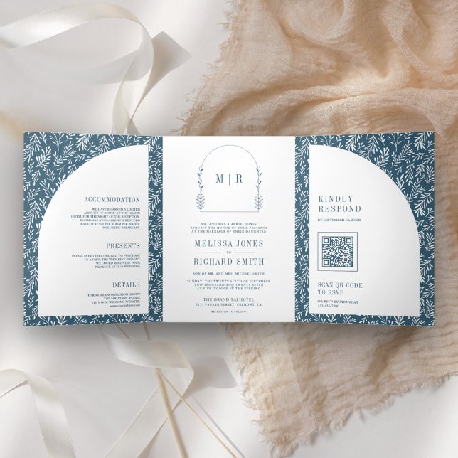Minimal Line Art Leaf Arch Dusty Blue Wedding Tri-Fold Invitation (Creator Uploaded)
