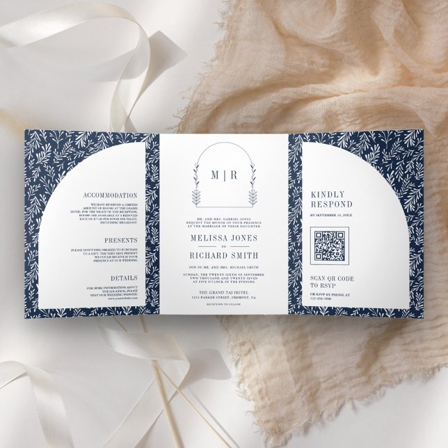 Minimal Line Art Leaf Arch Navy Blue Wedding Tri-Fold Invitation (Creator Uploaded)