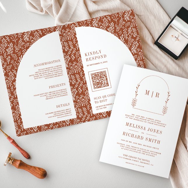 Minimal Line Art Leaf Arch Terracotta Wedding Invitation (Creator Uploaded)