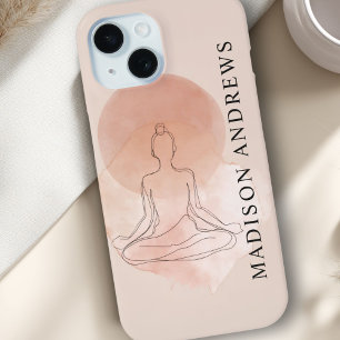 Minimal Line Art Meditating Woman Watercolor iPhone 15 Case